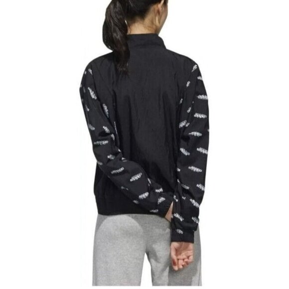 Adidas Womens Black Full-Zip Sport Track Jacket All-Over Logo & Elastic Hem M - Picture 9 of 16